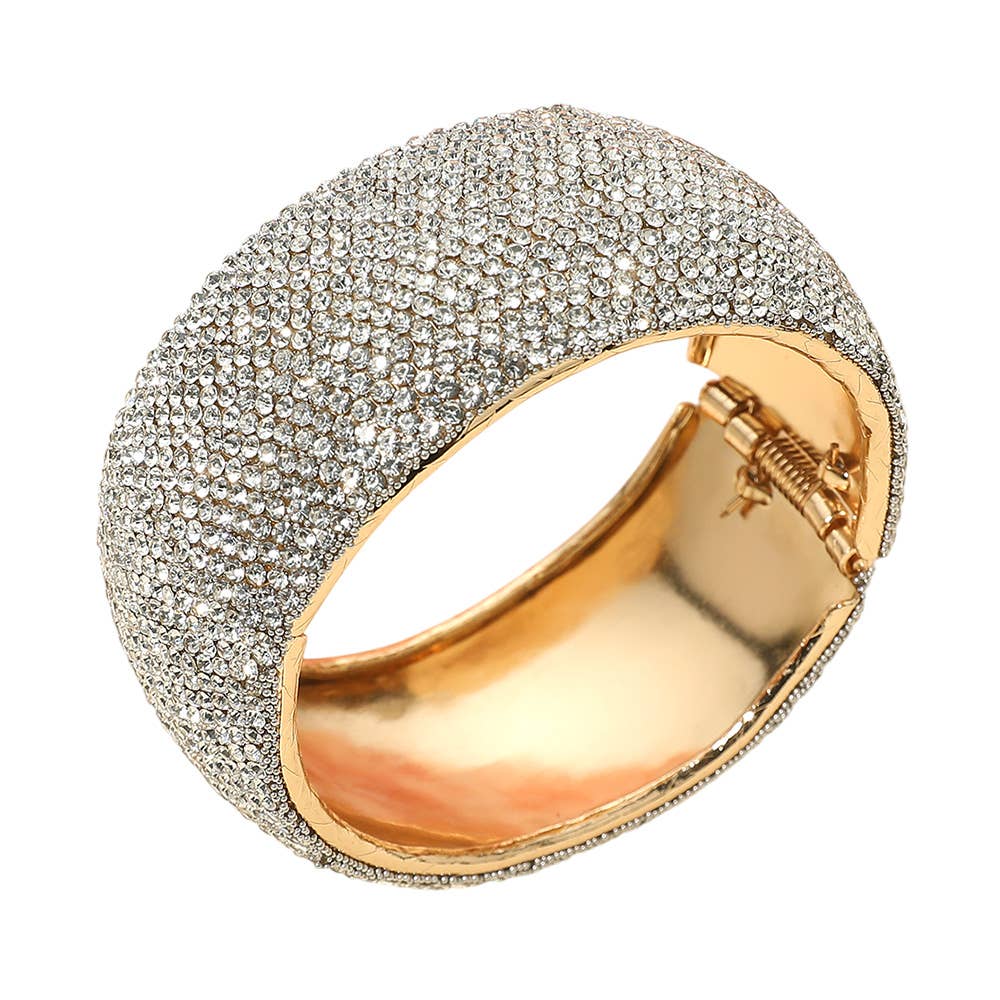 Wide Rhinestone Pearl Paved Hinged Evening Bangle Bracelet: Clear,Gold