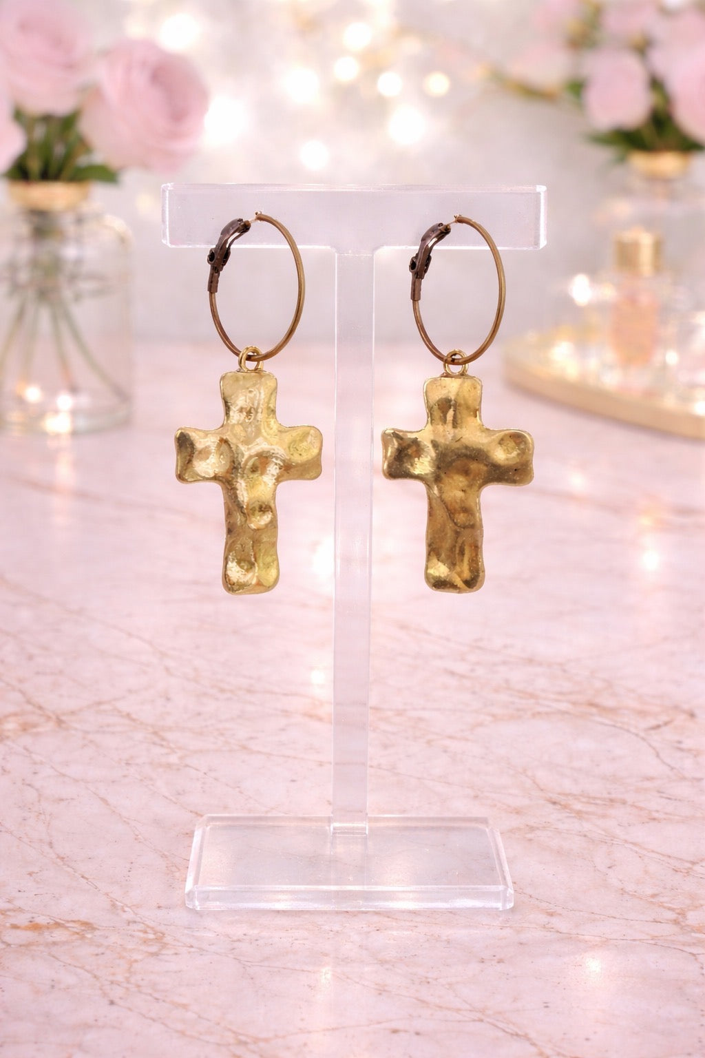 Hammered Gold Cross Earrings