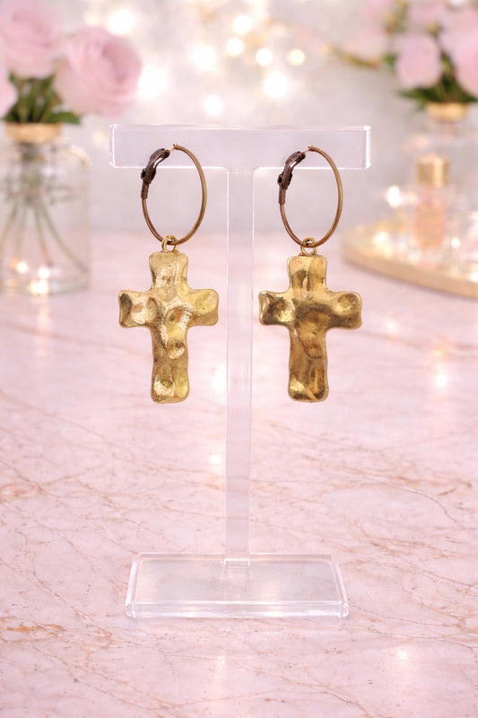 Hammered Gold Cross Earrings