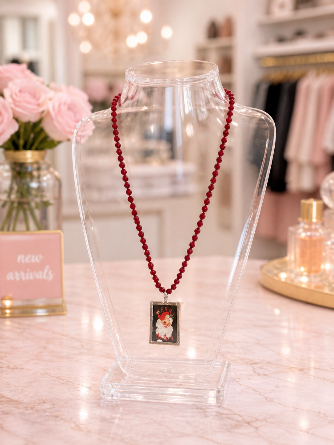 Santa Pendant on Red Crystal Necklace