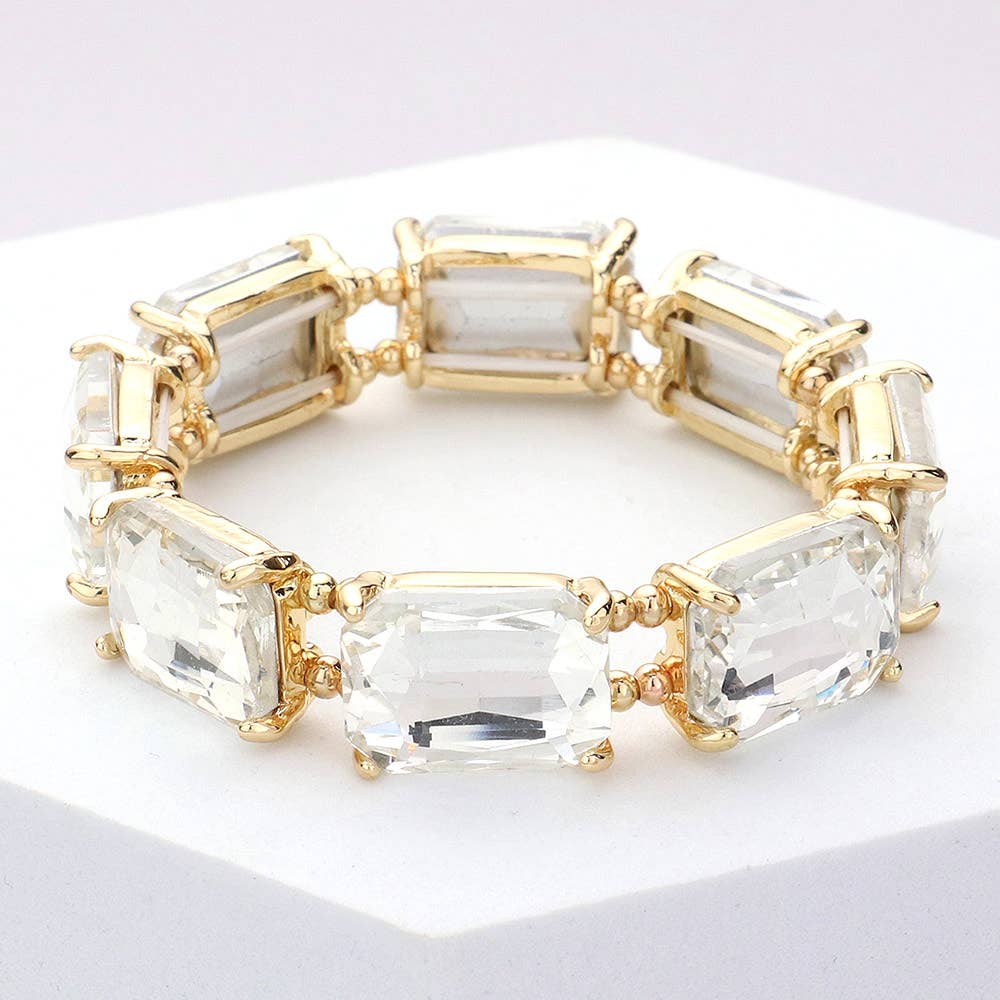 Emerald Cut Stone Stretch Evening Bracelet: Clear Gold Shiny