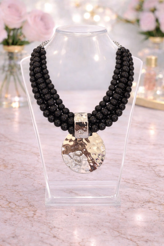 Black Multi Strand Necklace with Hammered Pendant