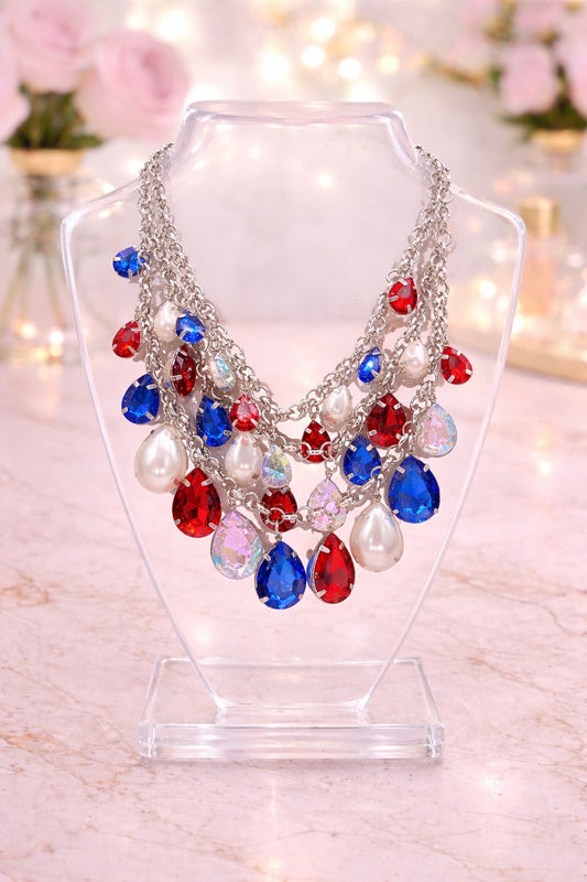 Red, White, and Pearl Multi Teardrop Necklace