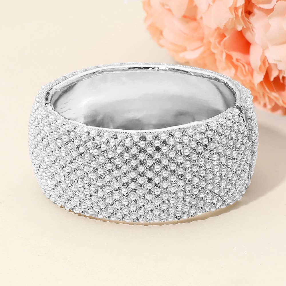 Wide Rhinestone Pearl Paved Hinged Evening Bangle Bracelet: Clear,Gold