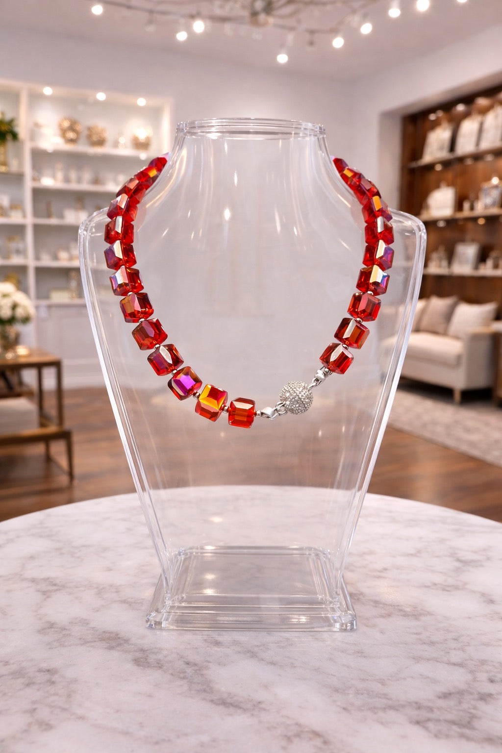Red Crystal Cube Magnetic Closure Necklace