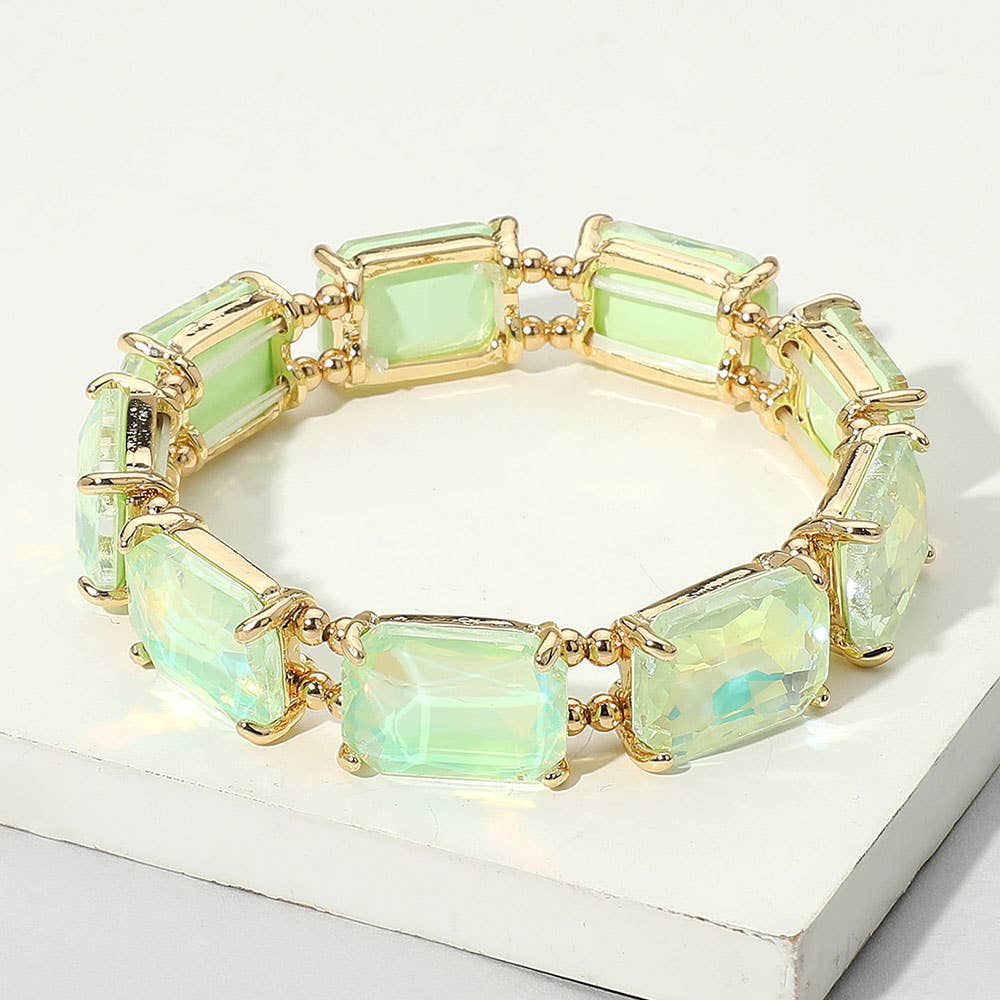 Emerald Cut Stone Stretch Evening Bracelet: Clear Gold Shiny