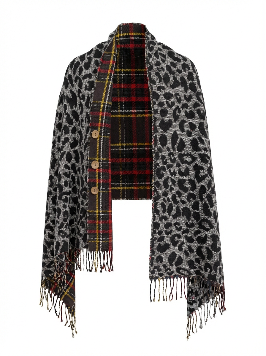 A66 Black and Leopard Dual-Sided Reversible Poncho with Button
