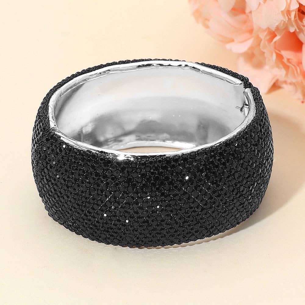 Wide Rhinestone Pearl Paved Hinged Evening Bangle Bracelet: Leopard