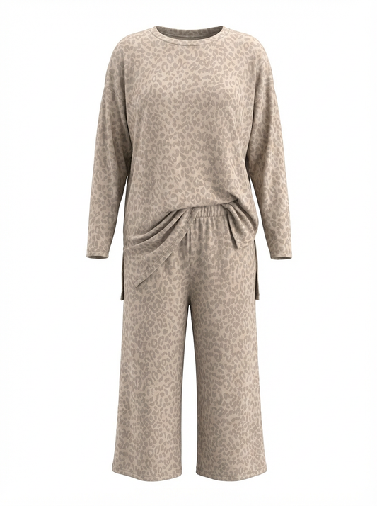 Maria Ribbed Oversized Crop Length Pants Set Taupe Animal Print
