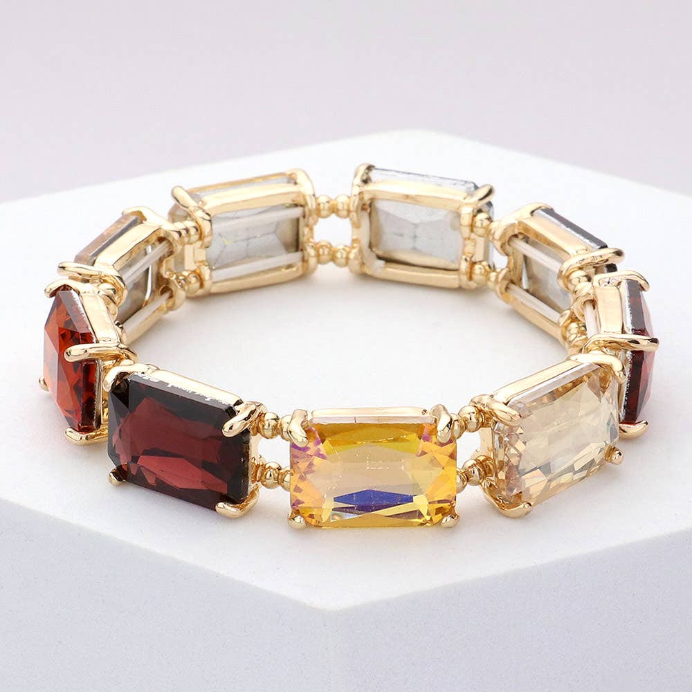 Emerald Cut Stone Stretch Evening Bracelet: Clear Gold Shiny