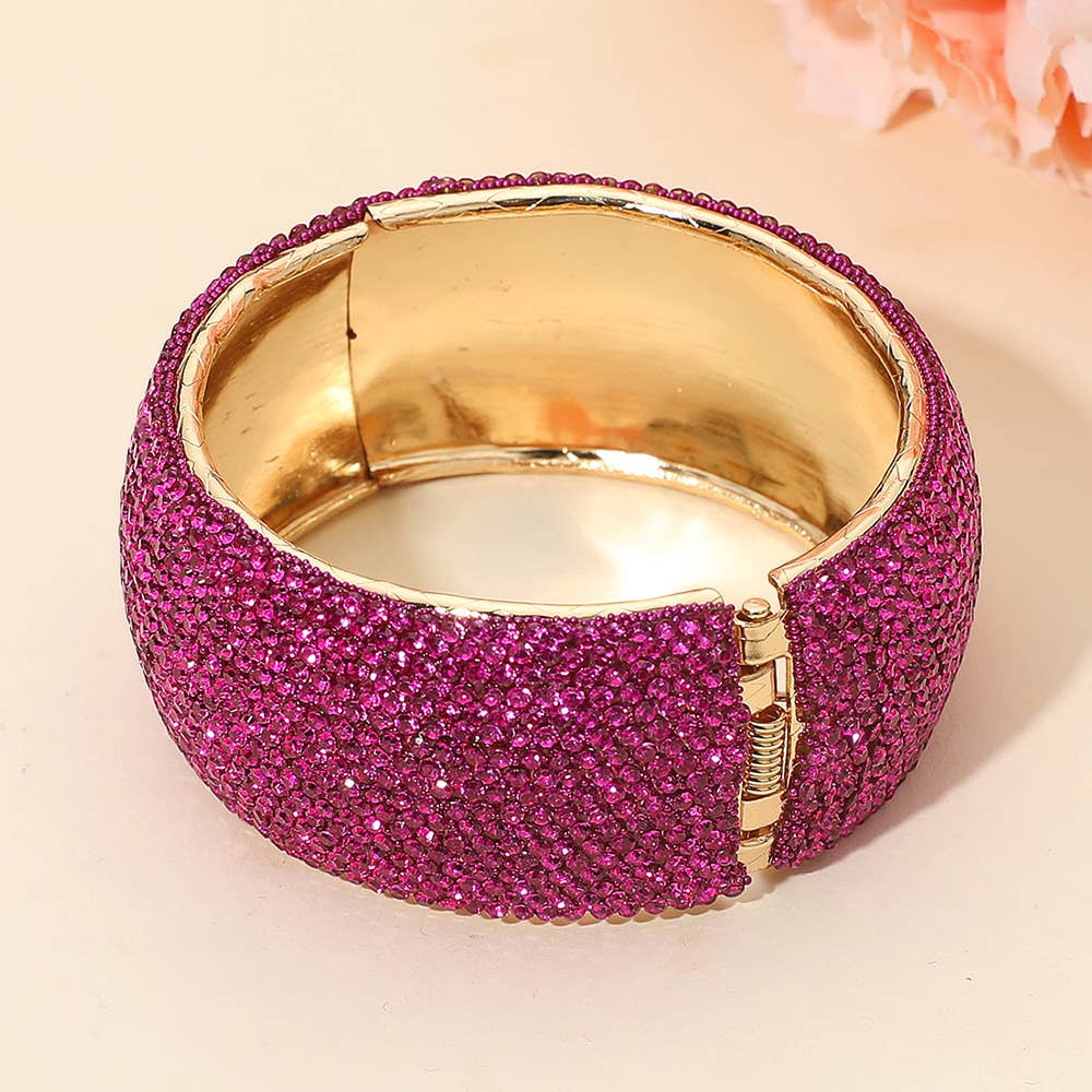 Wide Rhinestone Pearl Paved Hinged Evening Bangle Bracelet: Leopard