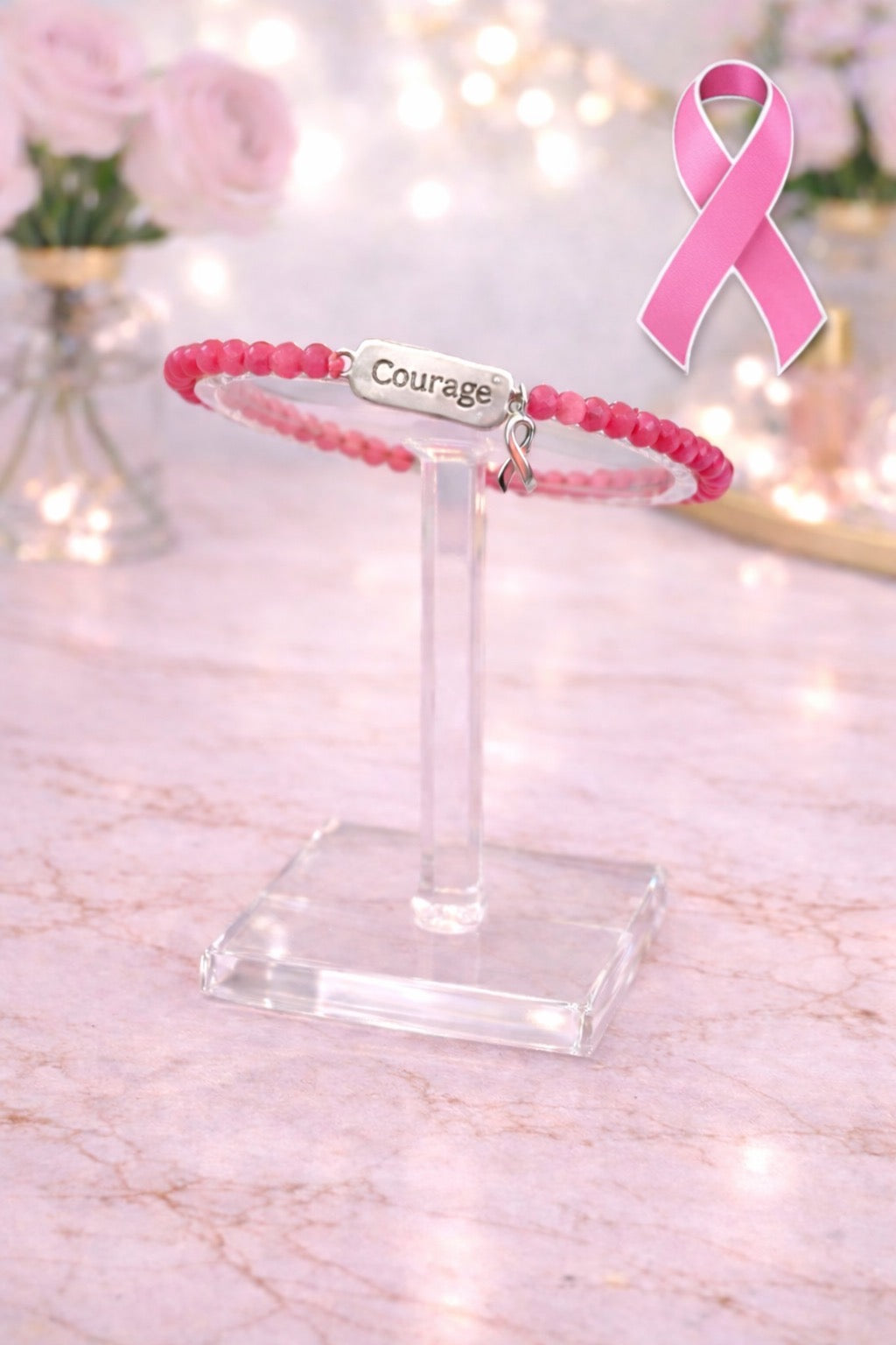 Sterling Silver/Beads Breast Cancer Awareness Bracelet