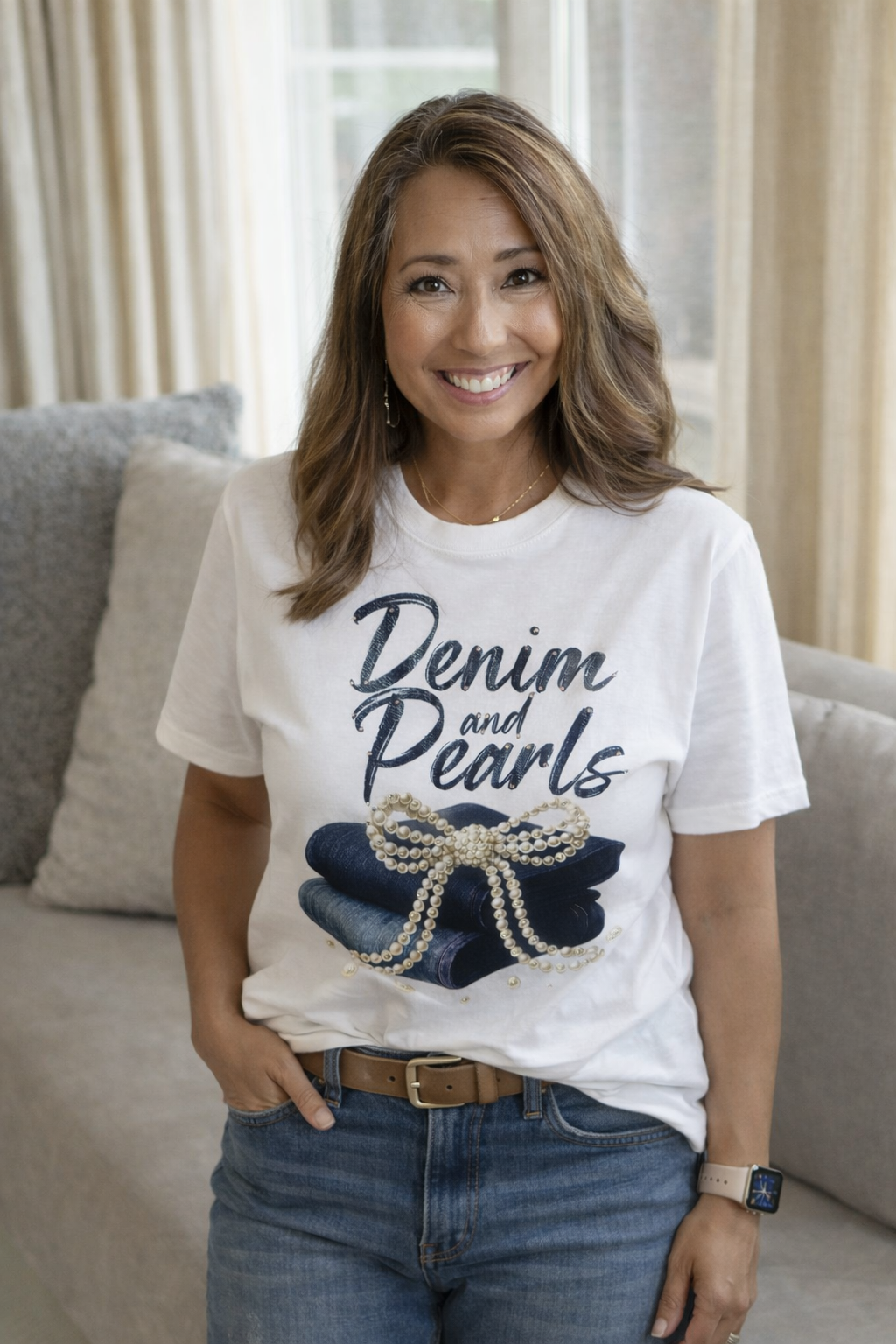 Denim & Pearls Tshirt White with Rhinestones