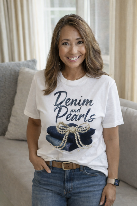 Denim & Pearls Tshirt White with Rhinestones