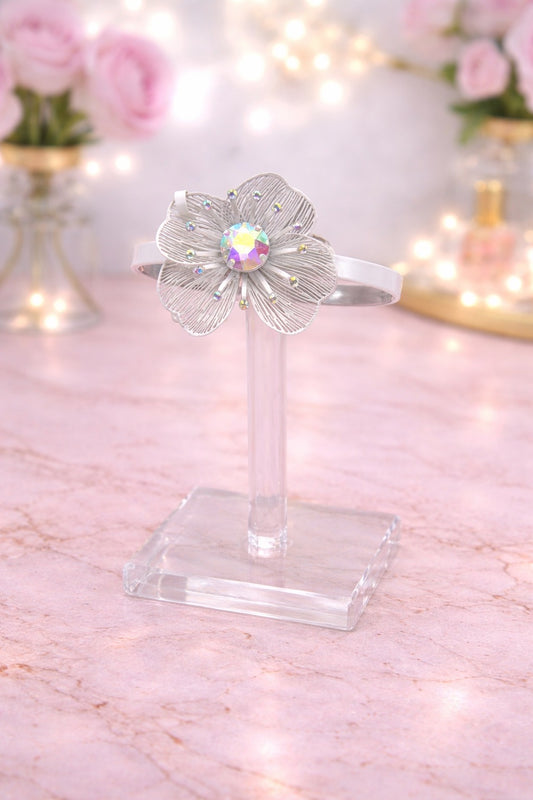 Flower with AB Stone White Cuff Bracelet
