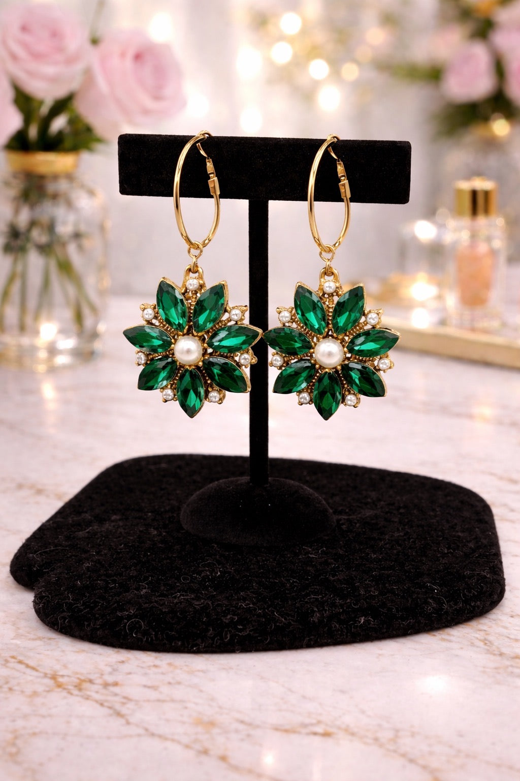 Green Pearl Flower Earrings