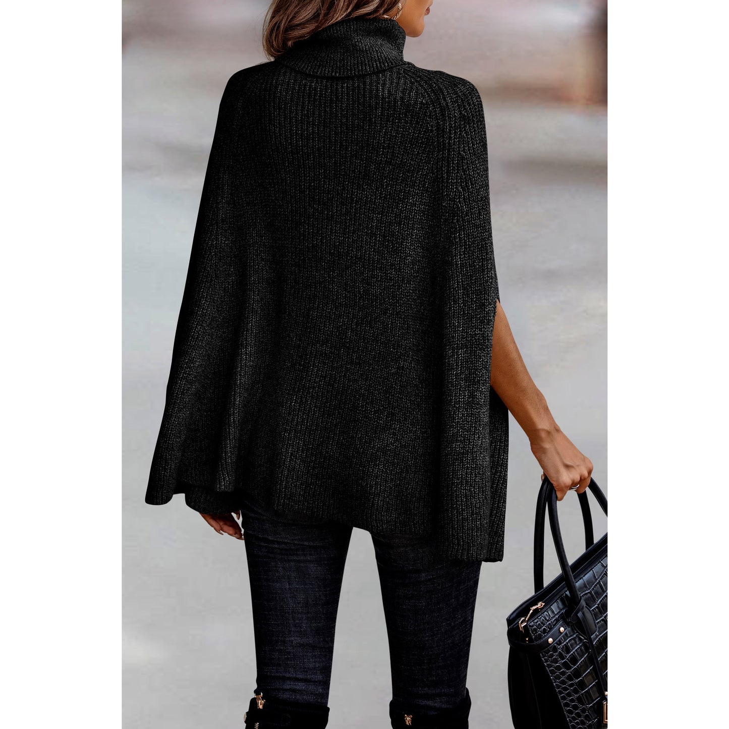 Rhonda Solid Roll Neck Knit Loose Poncho Black