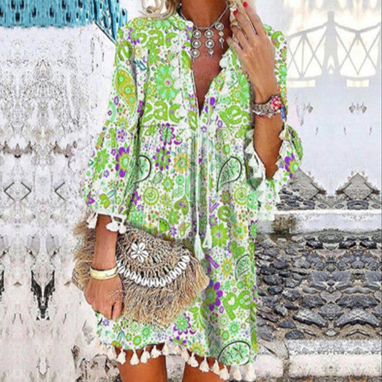 Priya Women Print V Neck Tassel 3/4 Sleeve Shift Dress Bohemian Casual Knee Length Dress: Red / L