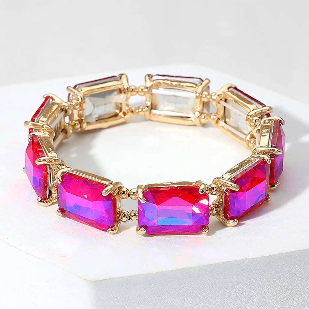 Emerald Cut Stone Stretch Evening Bracelet: Clear Gold Shiny