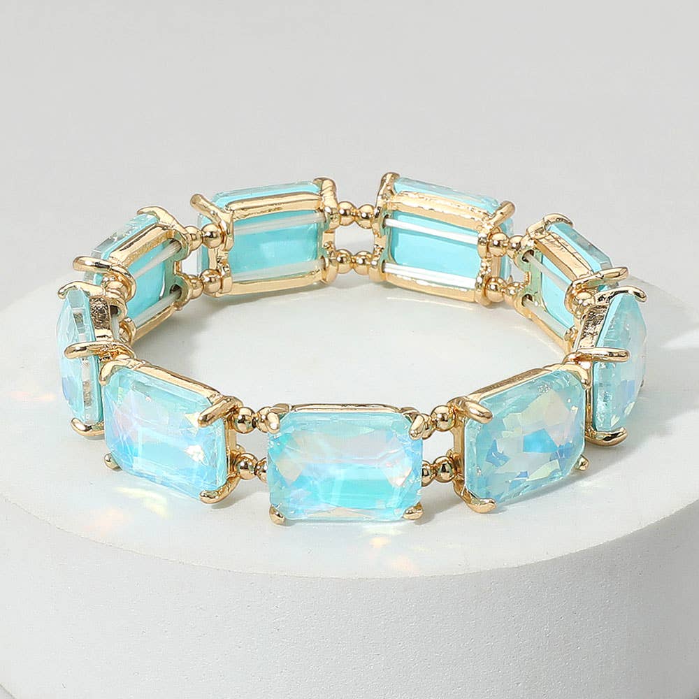 Emerald Cut Stone Stretch Evening Bracelet: Clear Gold Shiny