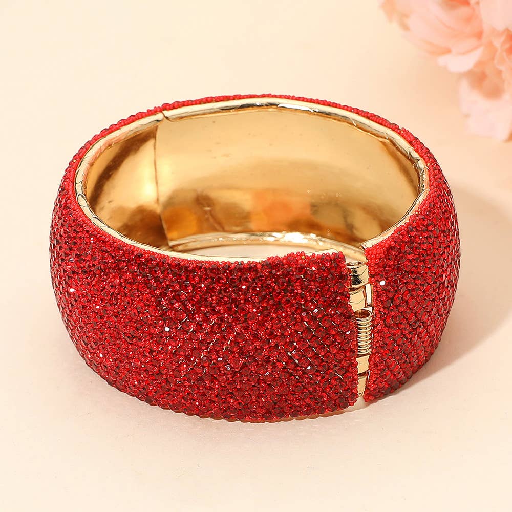 Wide Rhinestone Pearl Paved Hinged Evening Bangle Bracelet: Leopard