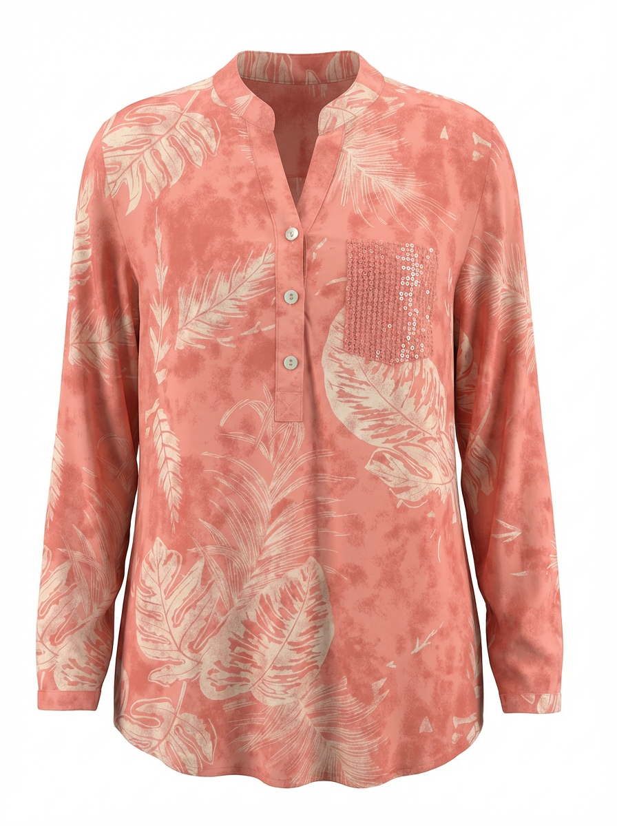 Paloma Printed One Pocket Sequin Top Coral w/Cream Leaves