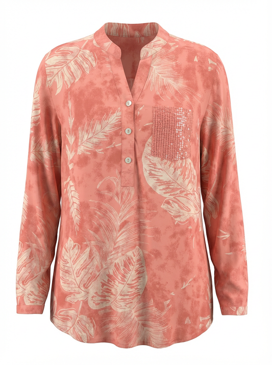 Paloma Printed One Pocket Sequin Top Coral w/Cream Leaves