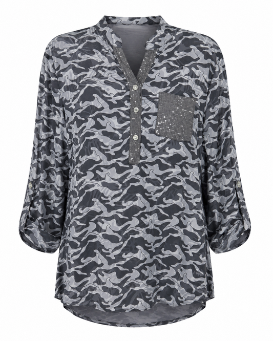 Paloma Printed One Pocket Sequin Top Grey on Grey