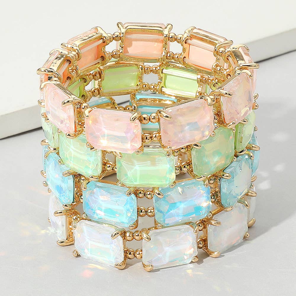 Emerald Cut Stone Stretch Evening Bracelet: Clear Gold Shiny