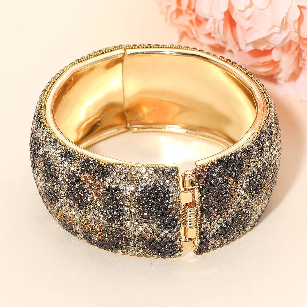 Wide Rhinestone Pearl Paved Hinged Evening Bangle Bracelet: Leopard