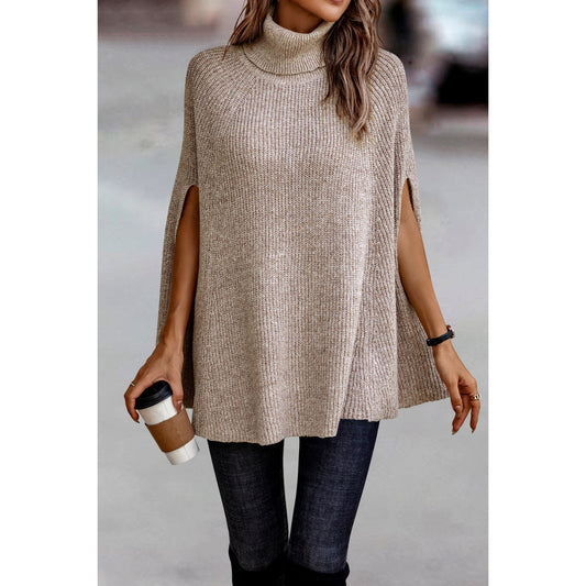 Rhonda Solid Roll Neck Knit Loose Poncho Beige