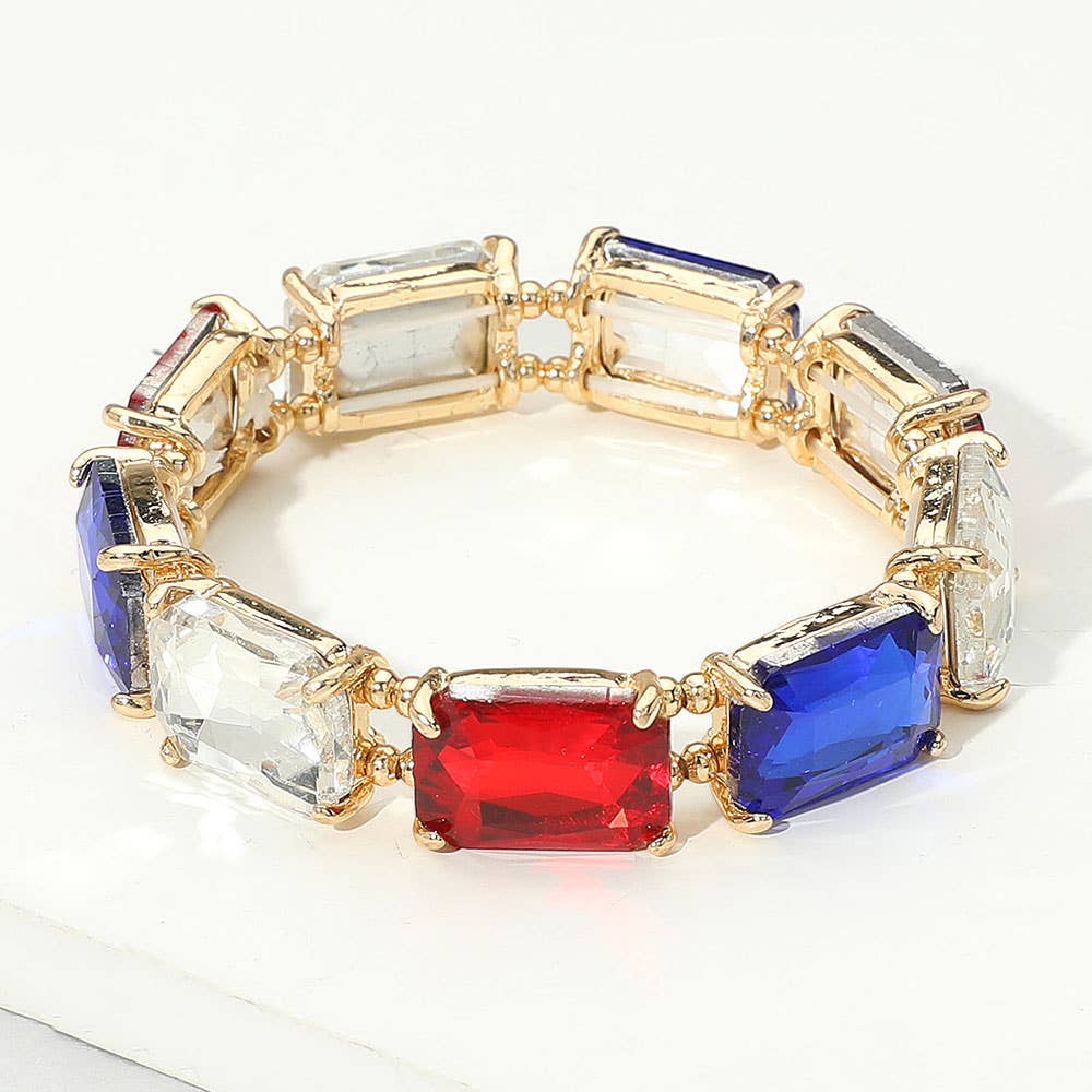 Emerald Cut Stone Stretch Evening Bracelet: Clear Gold Shiny