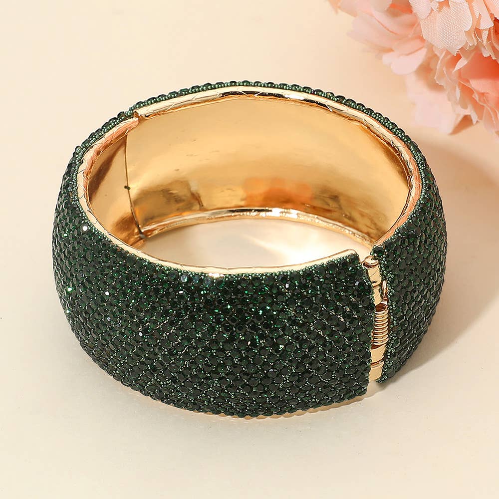 Wide Rhinestone Pearl Paved Hinged Evening Bangle Bracelet: Leopard
