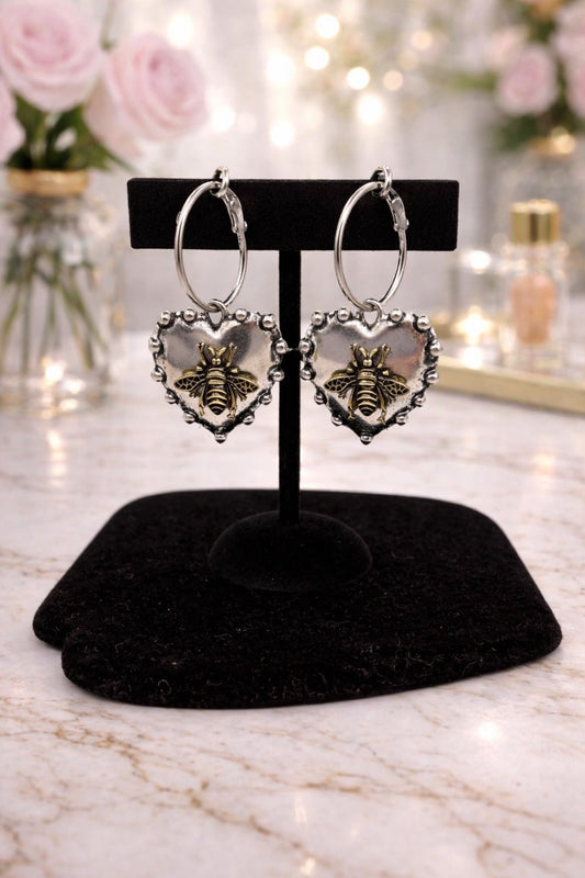 Silver Heart Bee Earrings