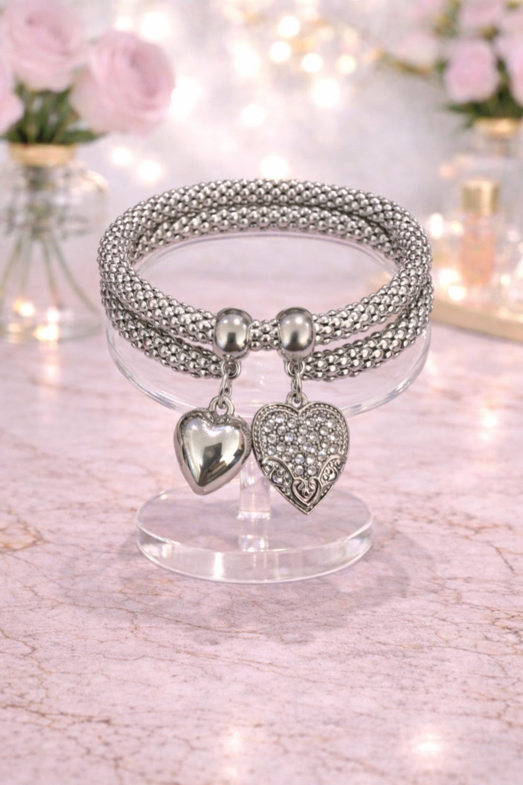 B12 Silver Heart Bracelet Set
