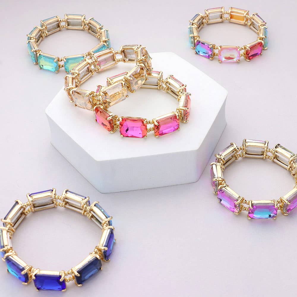 Emerald Cut Stone Stretch Evening Bracelet: Clear Gold Shiny