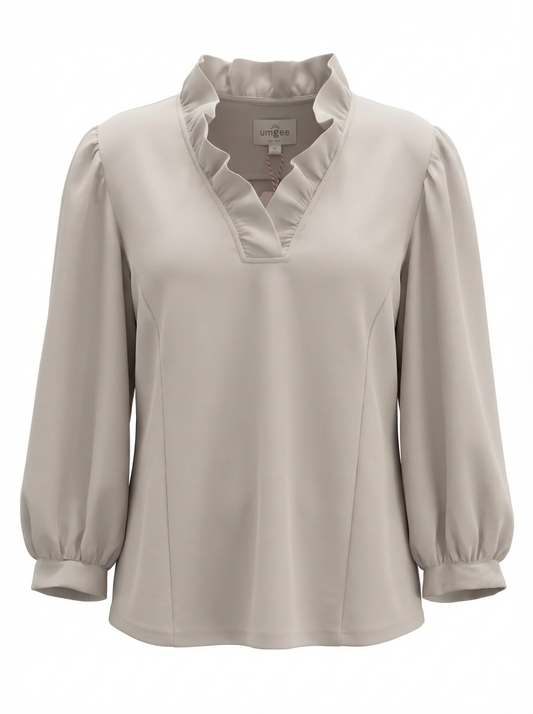 Claudia Taupe Top with Ruffle Collar