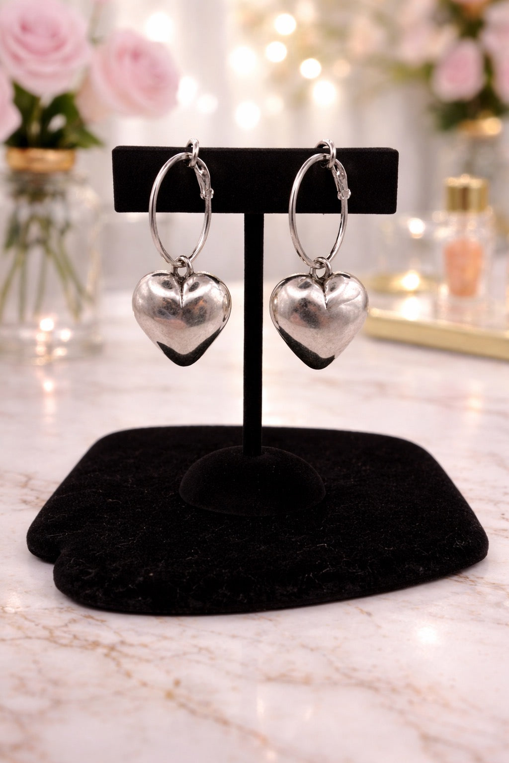 Silver Puff Heart Earrings