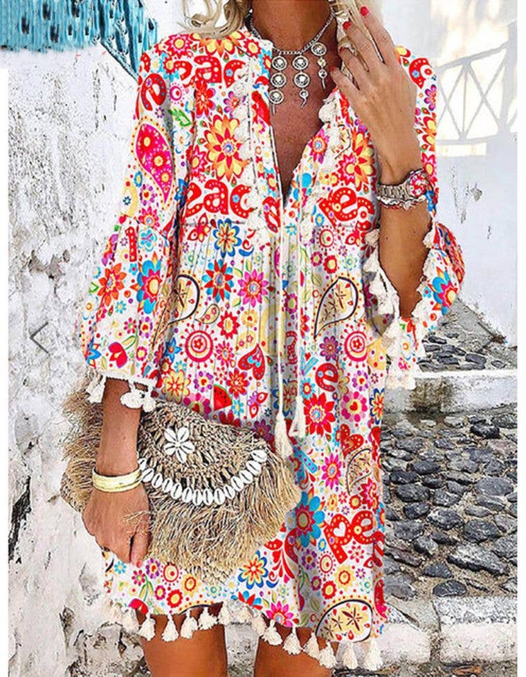 Priya Women Print V Neck Tassel 3/4 Sleeve Shift Dress Bohemian Casual Knee Length Dress: Red / M