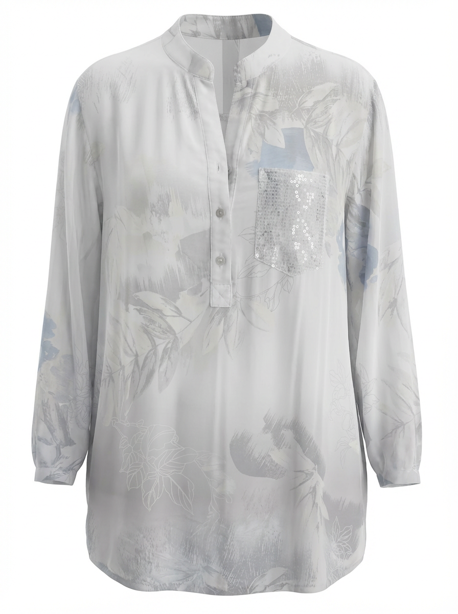 Paloma Printed One Pocket Sequin Top White w/Blue & Grey