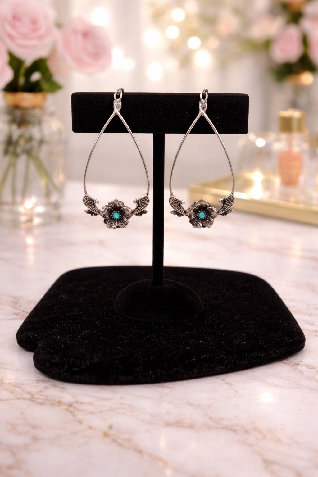 Western Inspired Turquoise Flower Teardrop Earrings