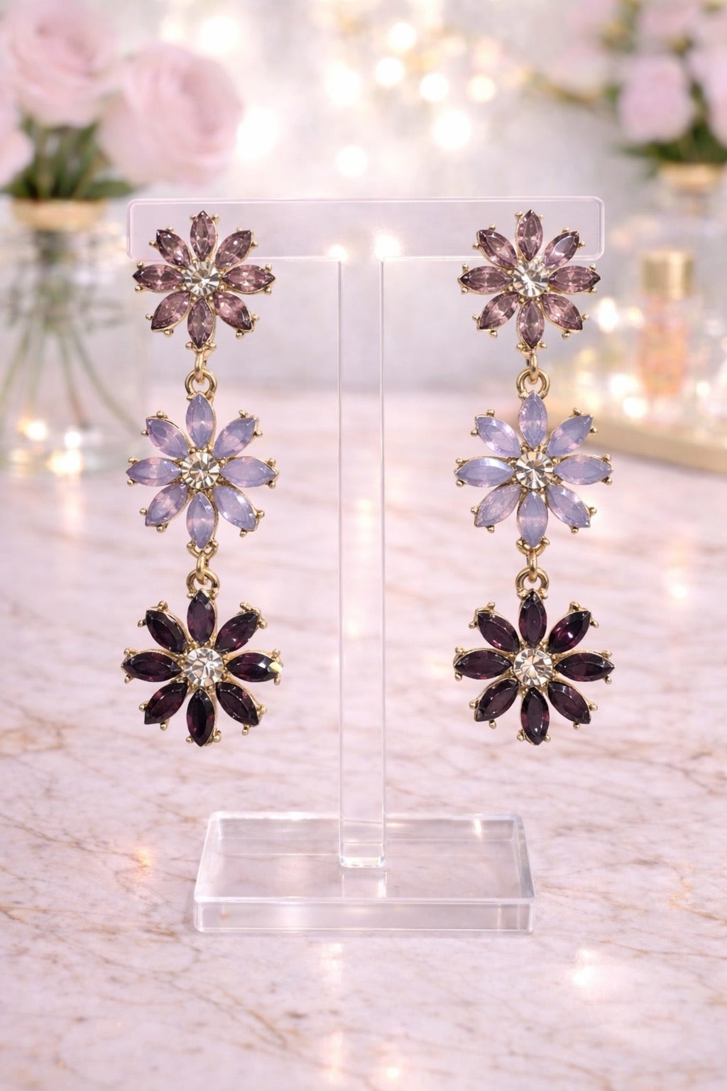 Purple Triple Flower Earrings