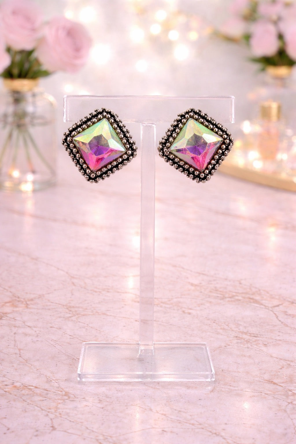 Square Gold AB Stone Earrings