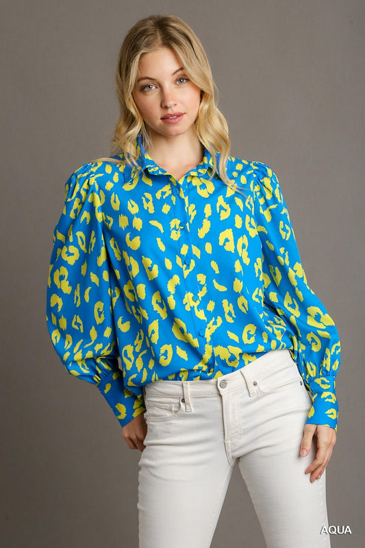 Kinsley Leopard Print Long Sleeve Top Aqua