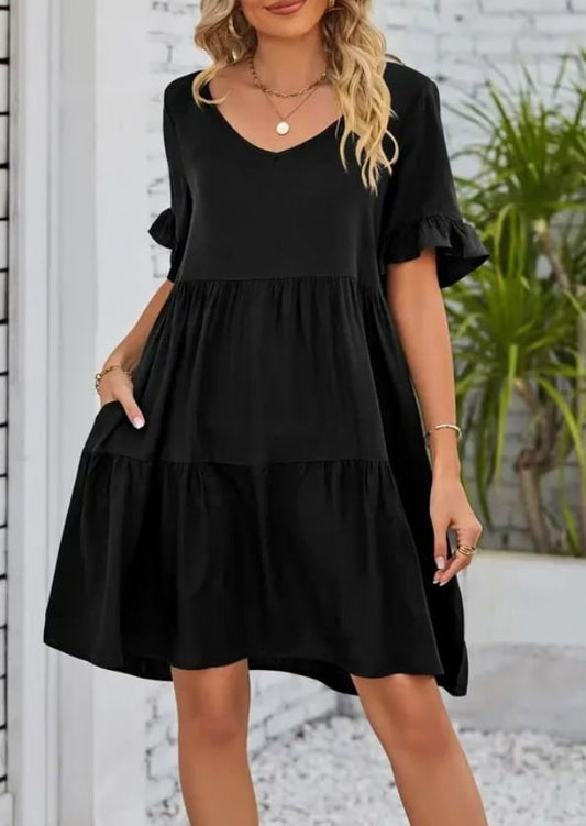 Summer Casual V-Neck Babydoll Three-Layer Pleated Dress Black