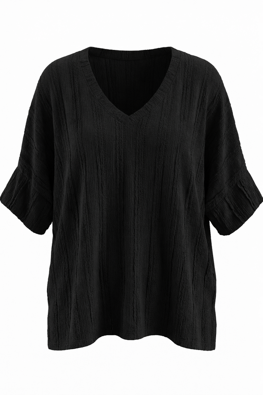 Rachel Textured V-Neck Pullover-Black