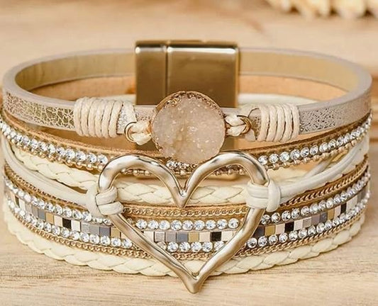 B50 Bohemian Heart Rhinestone Magnetic Buckle Bracelet Champagne Gold