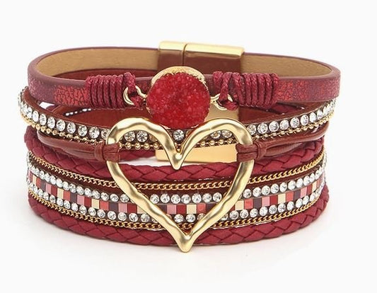 B50 Bohemian Heart Rhinestone Magnetic Buckle Bracelet Wine Red