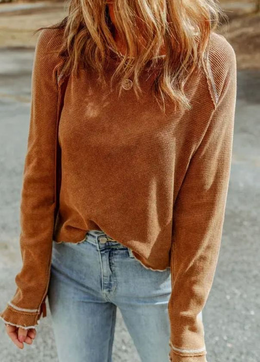 Textured Round Neck Long Sleeve Top Brown