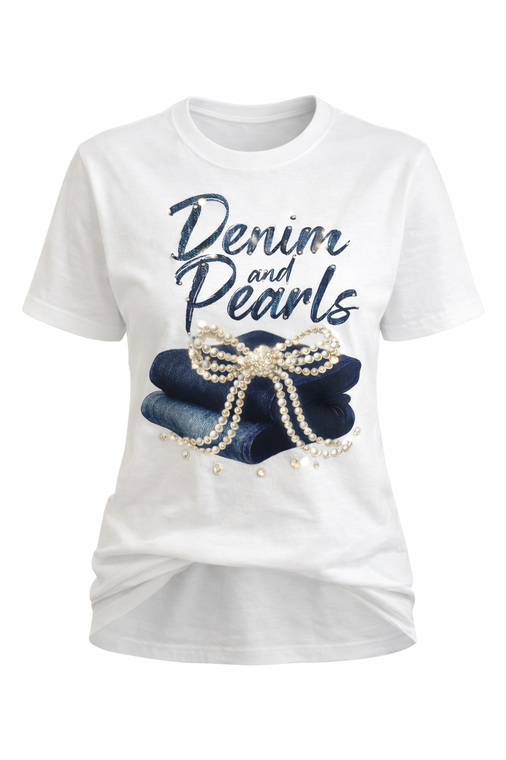 Denim & Pearls Tshirt White with Rhinestones